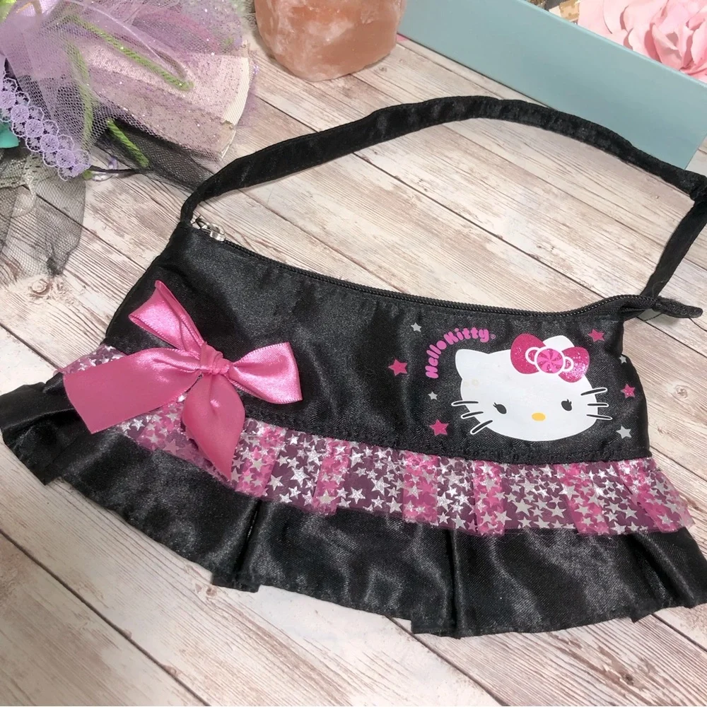 Hello Kitty Black & Pink Children’s Purse Handbag Bow Tulle Ruffles Stars Sanrio - Picture 2 of 4